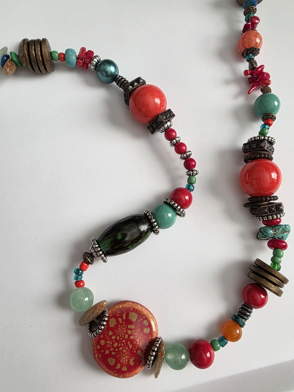 Colorful Beaded Statement Necklace in Red & Teal